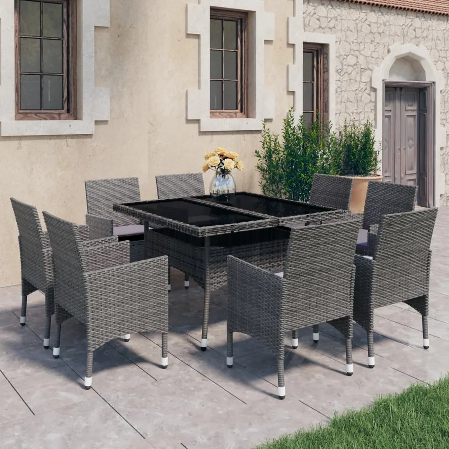 Ensemble à manger de jardin 9 pcs Résine tressée et verre Gris