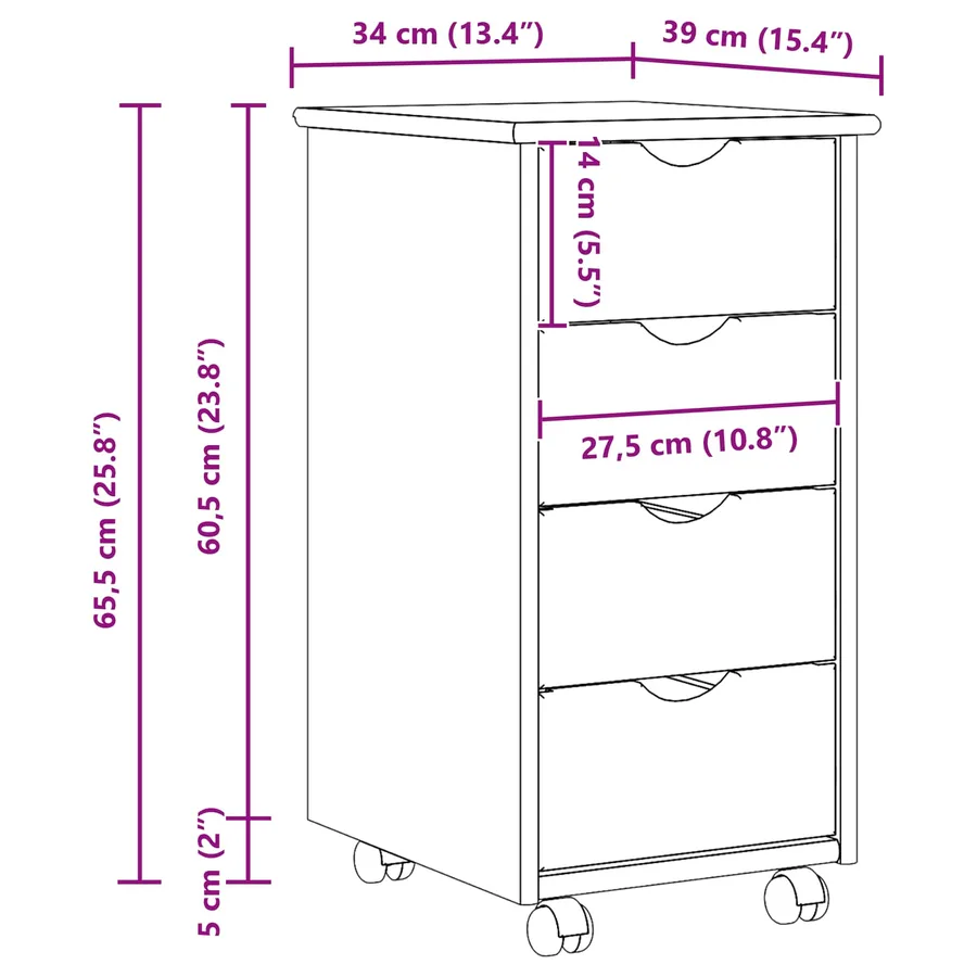 Cabinet roulant Noir 34 x 39 x 65,5 cm Bois de Pin Massif - 10