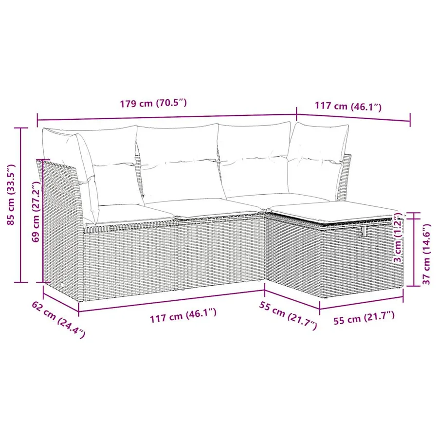 Salon de jardin 4 pcs avec coussins noir résine tressée - 11