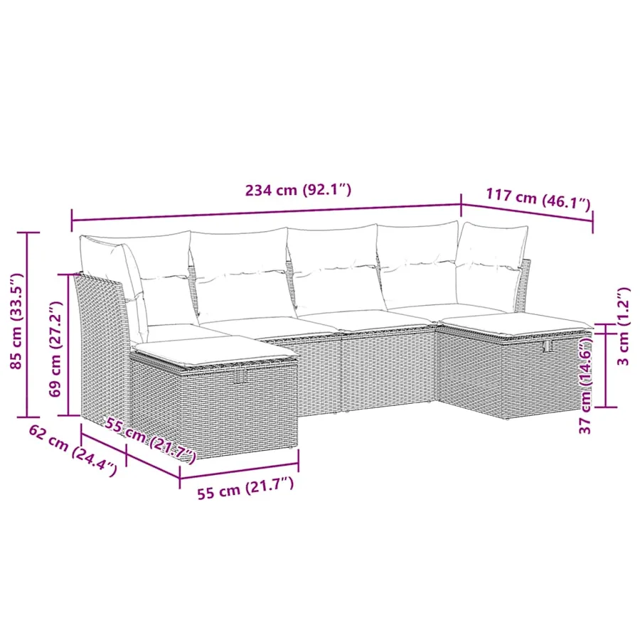Salon de jardin 6 pcs avec coussins noir résine tressée - 11
