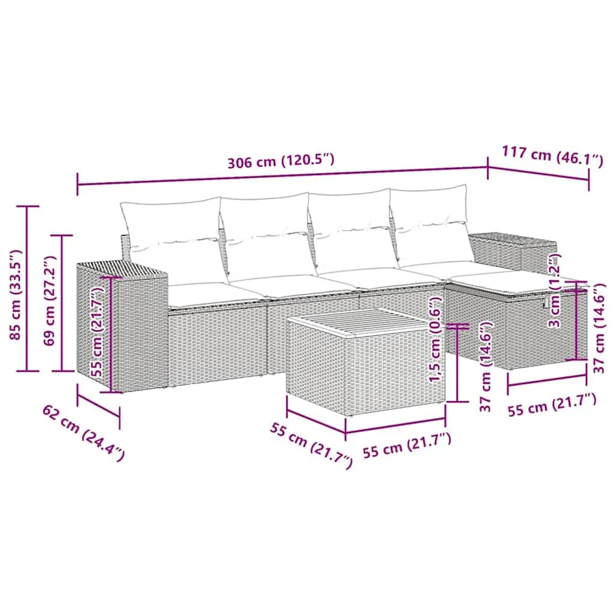 Salon de jardin 6 pcs avec coussins noir résine tressée - 12