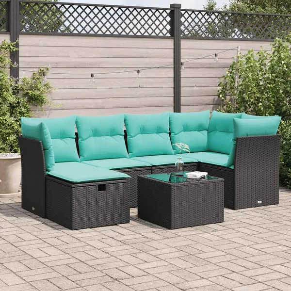 Salon de jardin 7 pcs avec coussins noir résine tressée 55 x 62 x 69 cm - 60,8 kg