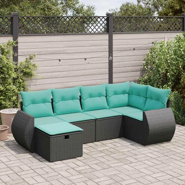 Salon de jardin 6 pcs avec coussins noir résine tressée