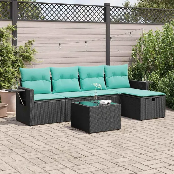Salon de jardin 6 pcs avec coussins noir résine tressée
