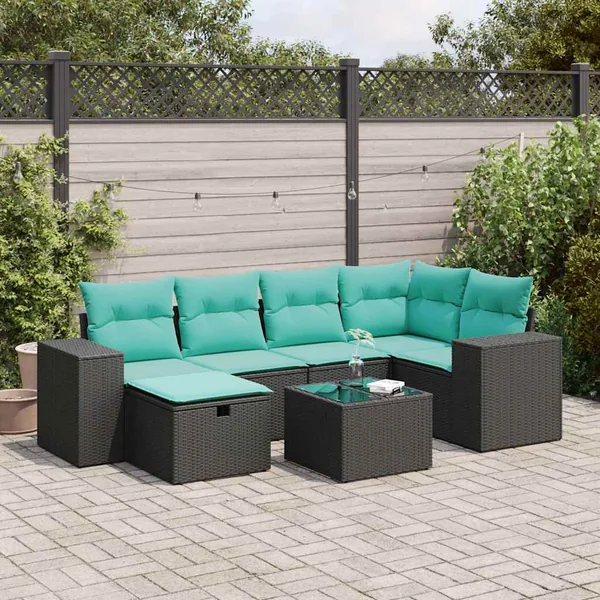 Salon de jardin 7 pcs avec coussins noir résine tressée 55 x 62 x 69 cm - 63,4 kg