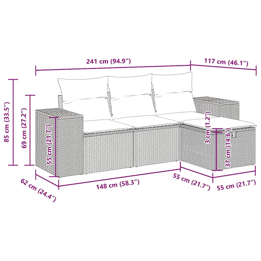 Salon de jardin 4 pcs avec coussins noir résine tressée - 12