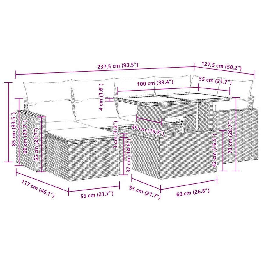 Salon de jardin avec coussins 7 pcs noir résine tressée acacia - 15