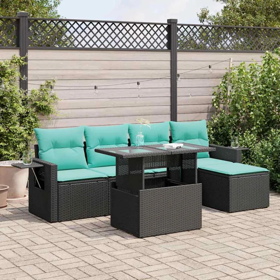 Salon de jardin avec coussins 6pcs noir résine tressée acacia