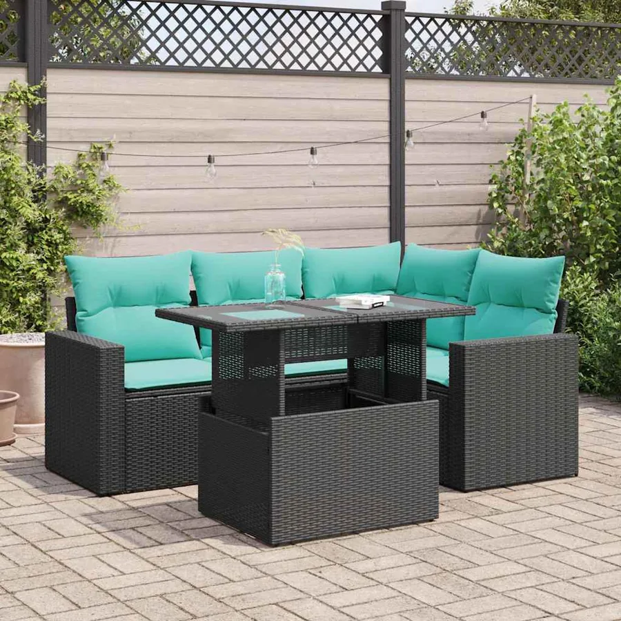 Salon de jardin 5 pcs avec coussins noir résine tressée acacia
