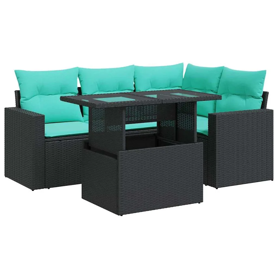 Salon de jardin 5 pcs avec coussins noir résine tressée acacia - 2