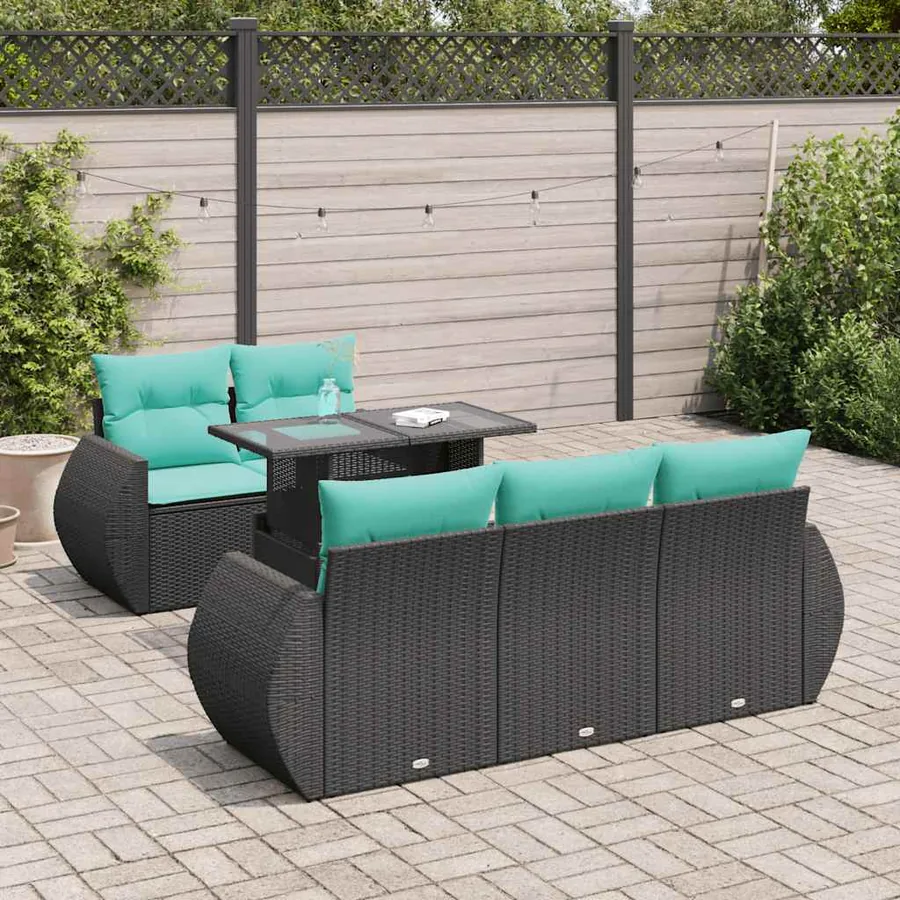 Salon de jardin 6 pcs avec coussins noir résine tressée acacia