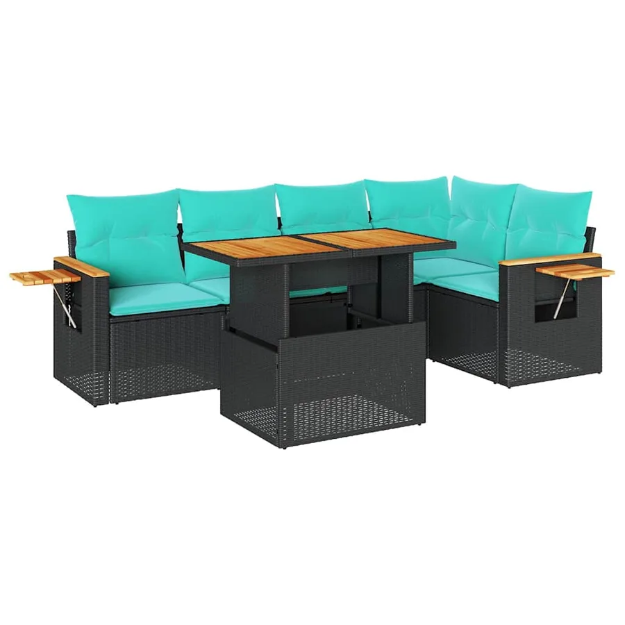 Salon de jardin 6 pcs avec coussins noir résine tressée acacia - 2