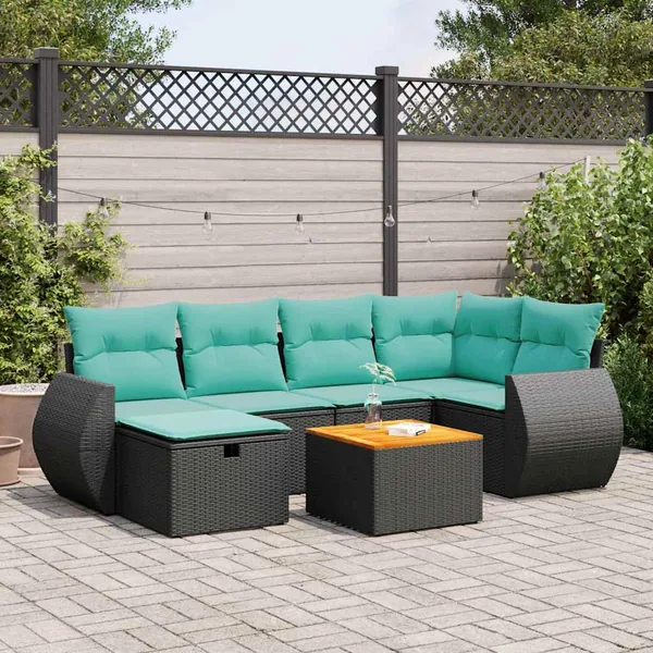Salon de jardin 7 pcs avec coussins noir résine tressée 55 x 62 x 69 cm - 60,0 kg