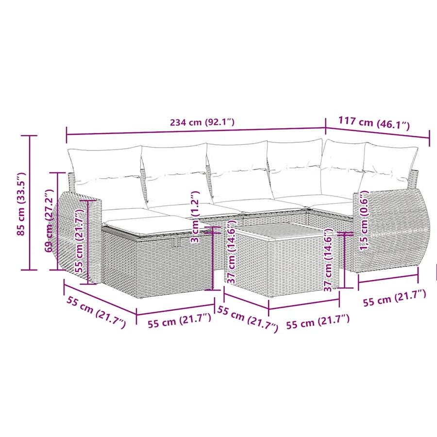 Salon de jardin 7 pcs avec coussins noir résine tressée 55 x 62 x 69 cm - 60,0 kg - 14