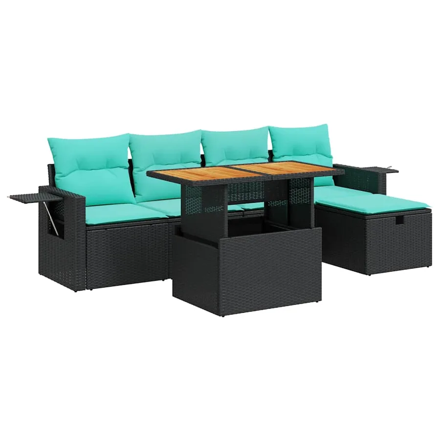 Salon de jardin 6 pcs avec coussins noir résine tressée acacia - 2