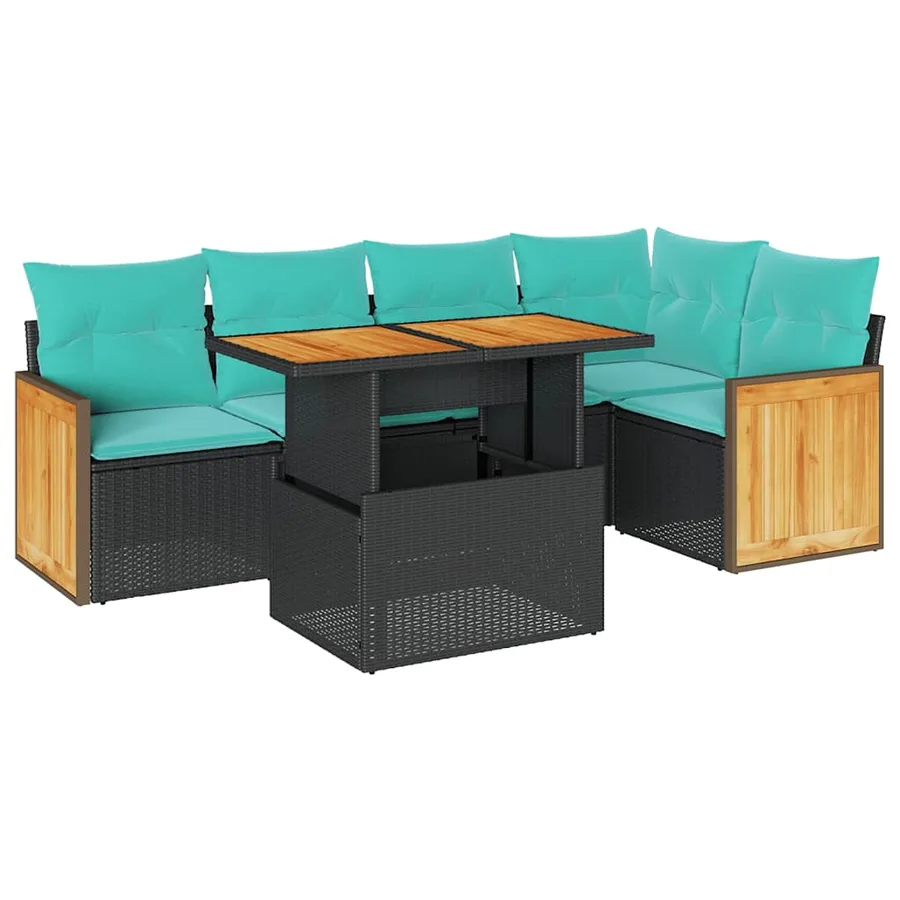Salon de jardin 6 pcs avec coussins noir résine tressée acacia - 2