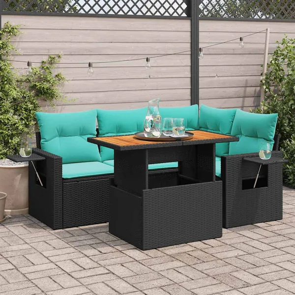 Salon de jardin 5 pcs avec coussins noir résine tressée