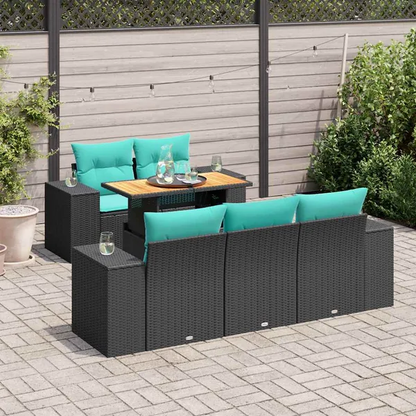 Salon de jardin 6 pcs avec coussins noir résine tressée