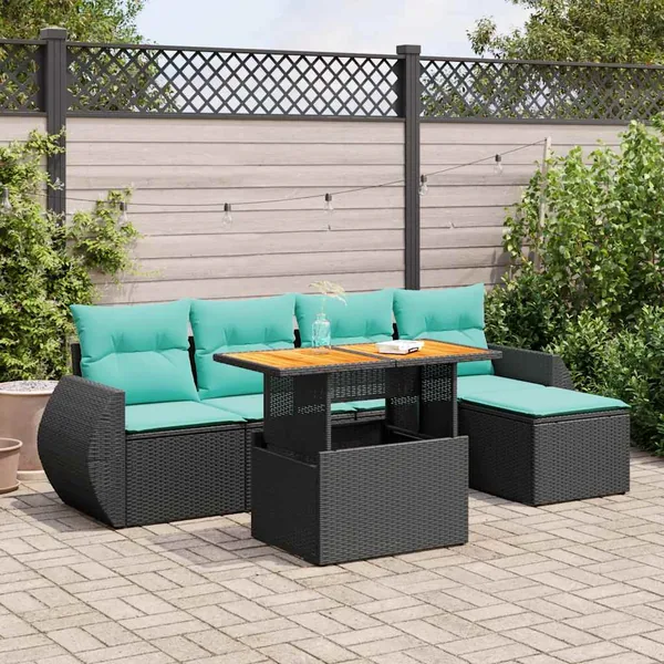 Salon de jardin 6 pcs avec coussins noir résine tressée