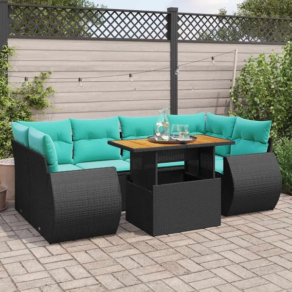 Salon de jardin 7 pcs avec coussins noir résine tressée 55 x 62 x 69 cm - 69,2 kg