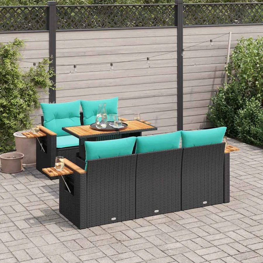 Salon de jardin 6 pcs avec coussins noir résine tressée