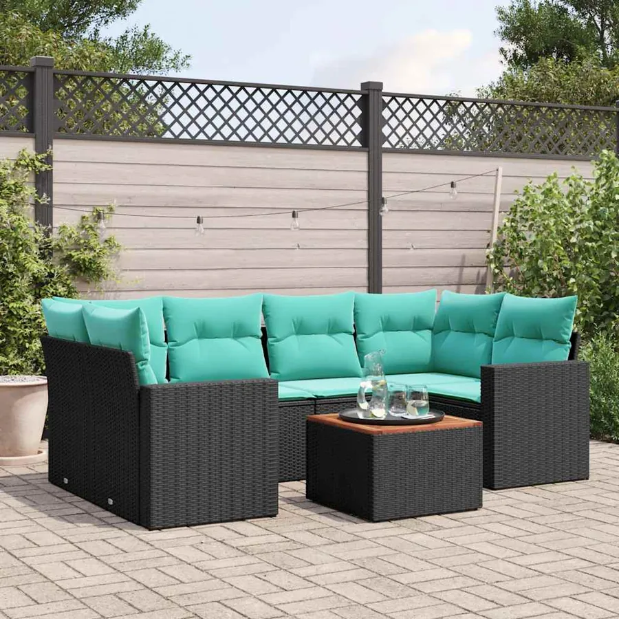 Salon de jardin 7 pcs avec coussins noir résine tressée 62 x 62 x 69 cm - 61,6 kg