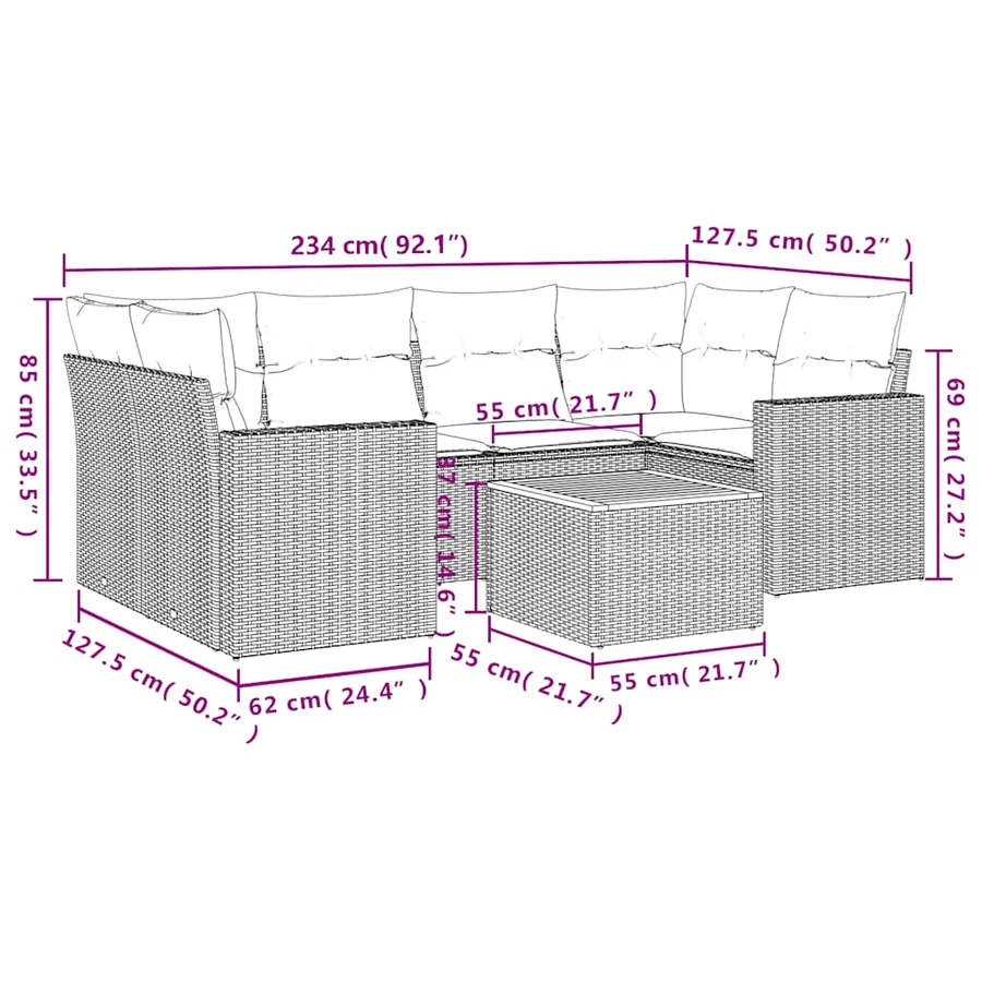 Salon de jardin 7 pcs avec coussins noir résine tressée 62 x 62 x 69 cm - 61,6 kg - 12