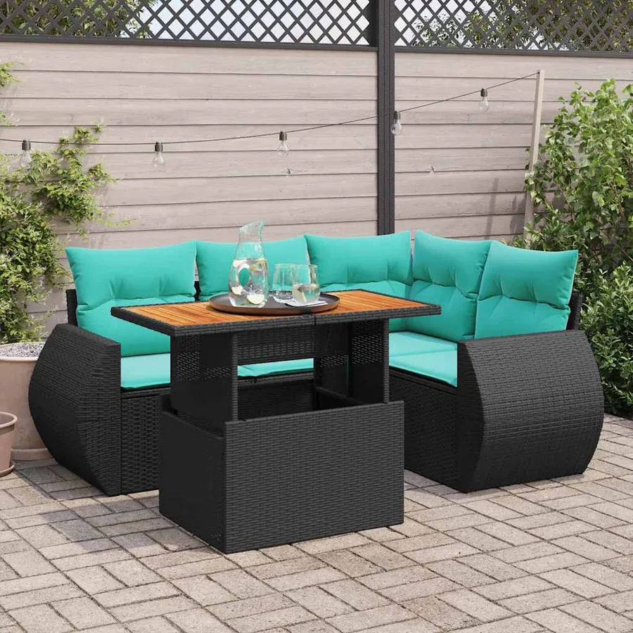 Salon de jardin 5 pcs avec coussins noir résine tressée