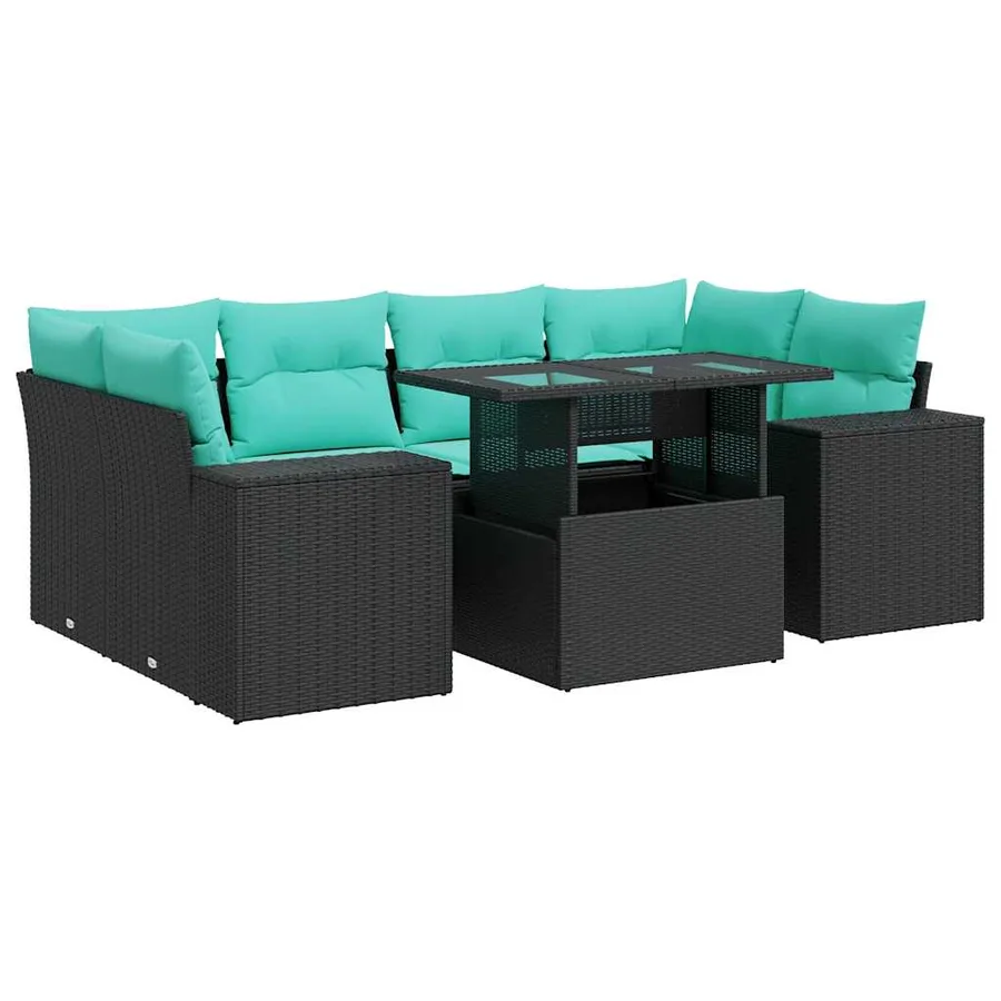 Salon de jardin avec coussins 7 pcs noir résine tressée acacia - 2