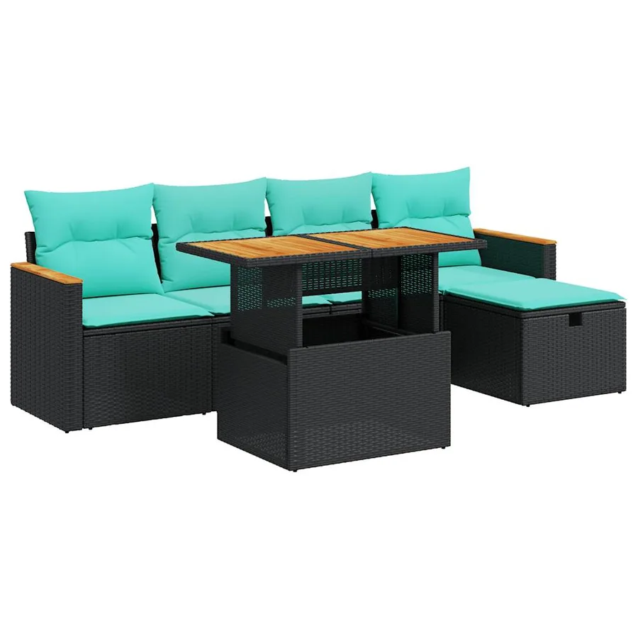 Salon de jardin 6 pcs avec coussins noir résine tressée acacia - 2