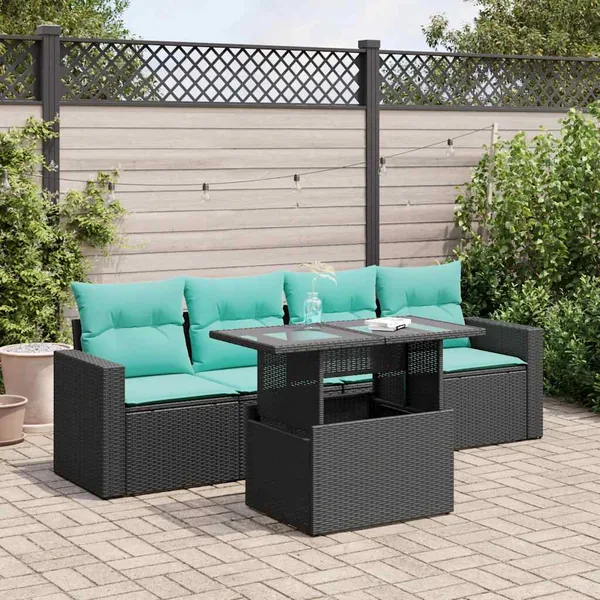 Salon de jardin 5 pcs avec coussins noir résine tressée acacia