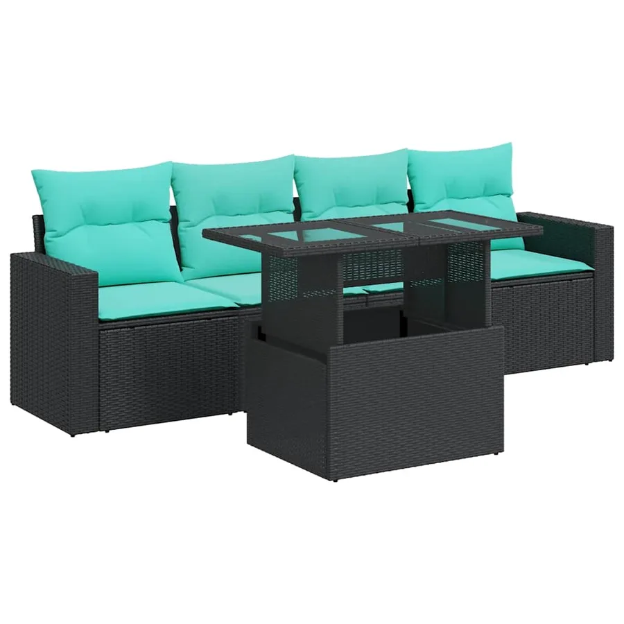 Salon de jardin 5 pcs avec coussins noir résine tressée acacia - 2