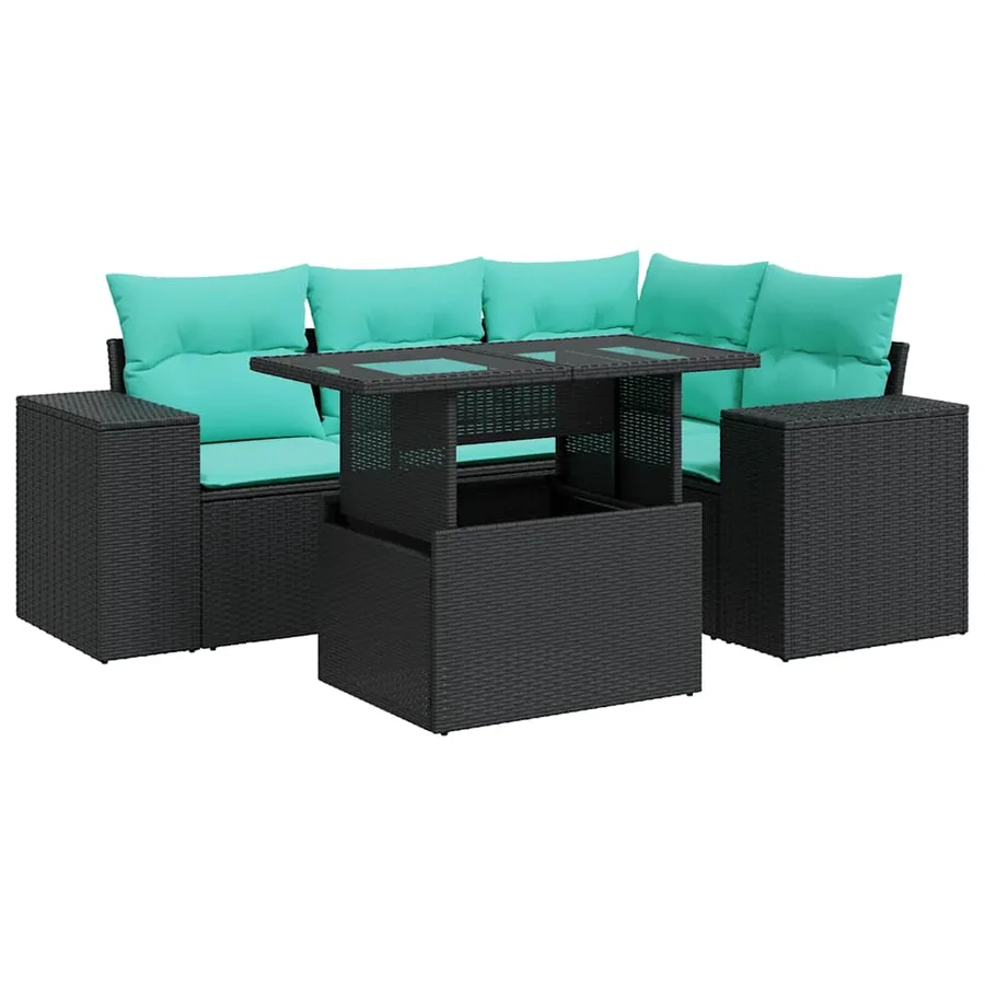 Salon de jardin 5 pcs avec coussins noir résine tressée acacia - 2