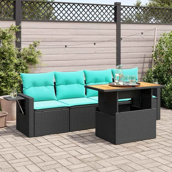 Salon de jardin 5 pcs avec coussins noir résine tressée