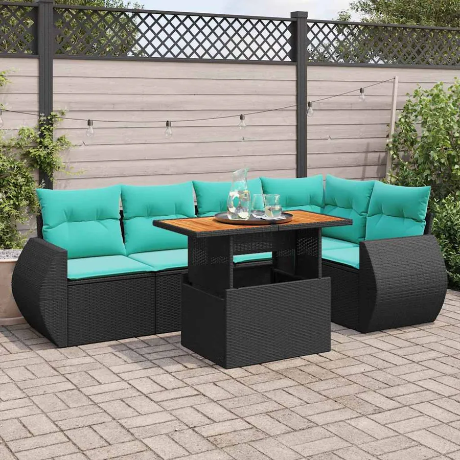 Salon de jardin 6 pcs avec coussins noir résine tressée