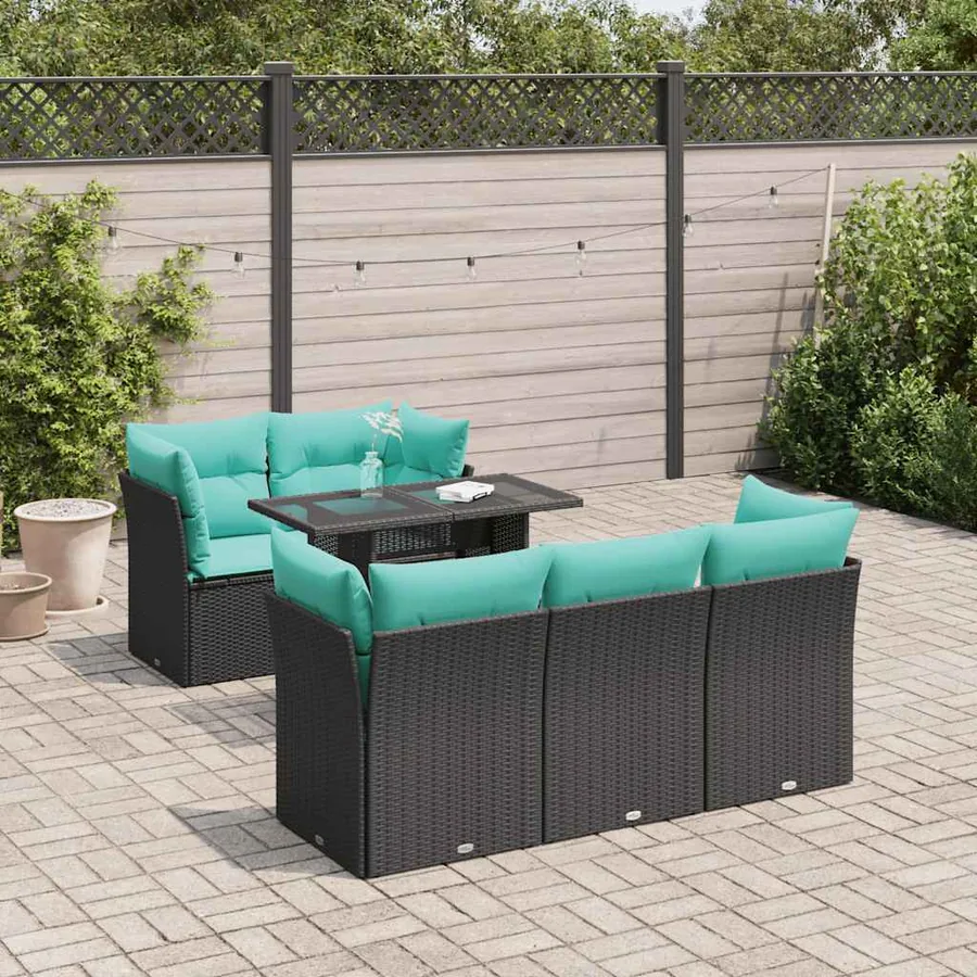 Salon de jardin 6 pcs avec coussins noir résine tressée acacia