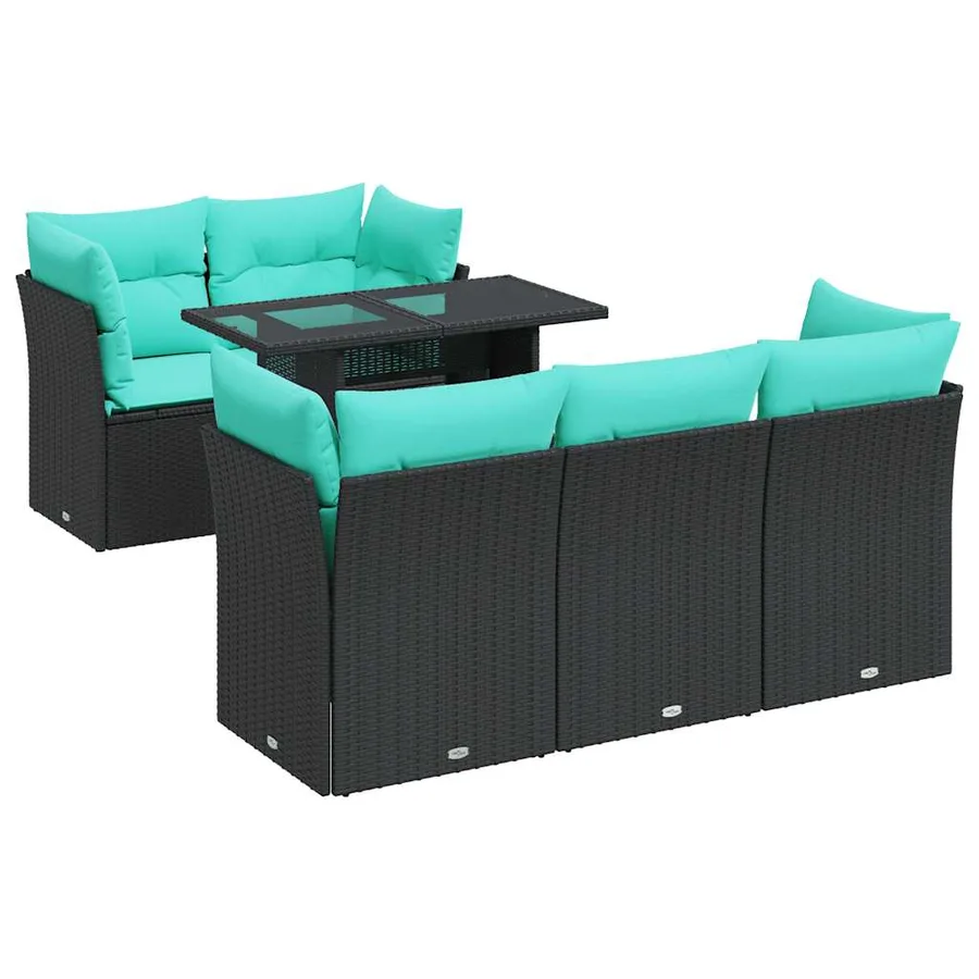 Salon de jardin 6 pcs avec coussins noir résine tressée acacia - 2