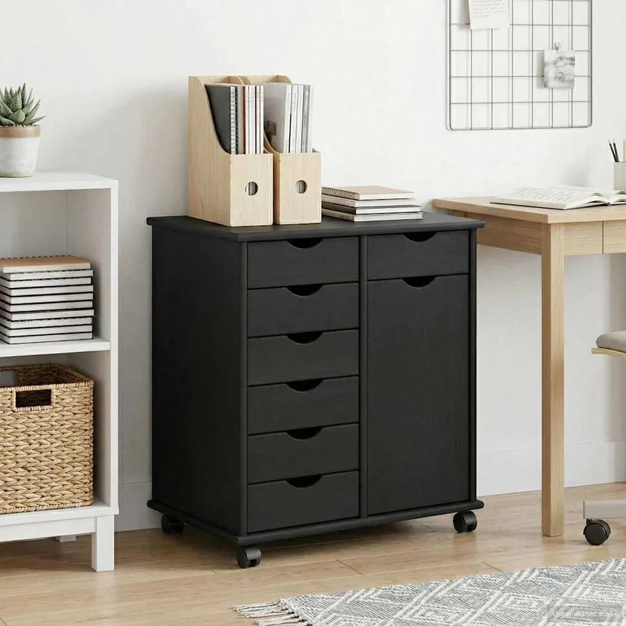 Cabinet roulant Noir 63,5 x 39 x 65,5 cm Bois de Pin Massif