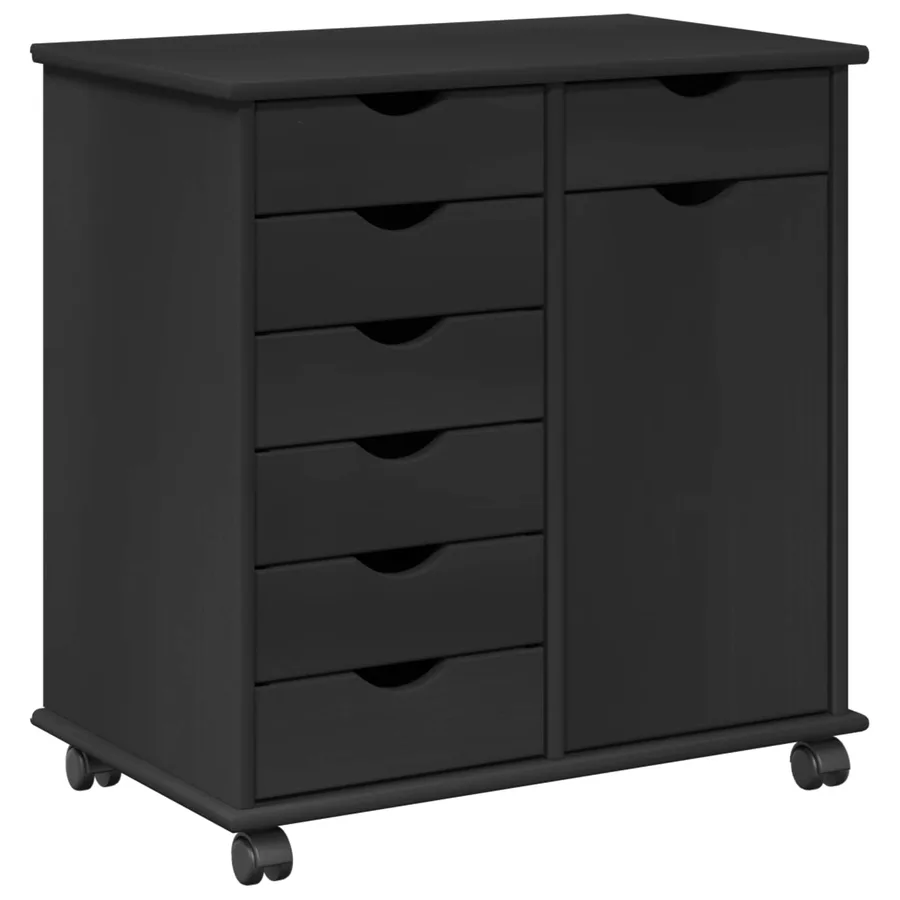 Cabinet roulant Noir 63,5 x 39 x 65,5 cm Bois de Pin Massif - 2