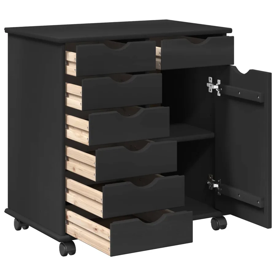 Cabinet roulant Noir 63,5 x 39 x 65,5 cm Bois de Pin Massif - 4