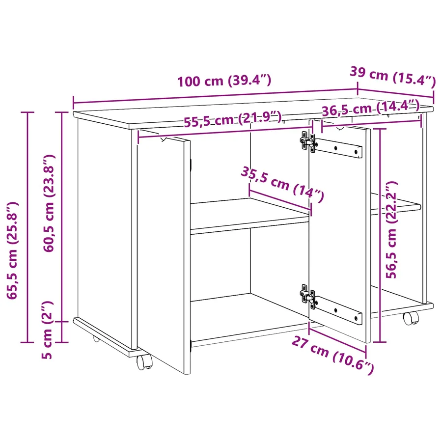 Cabinet roulant Blanc 100 x 39 x 65,5 cm Bois de Pin Massif - 10