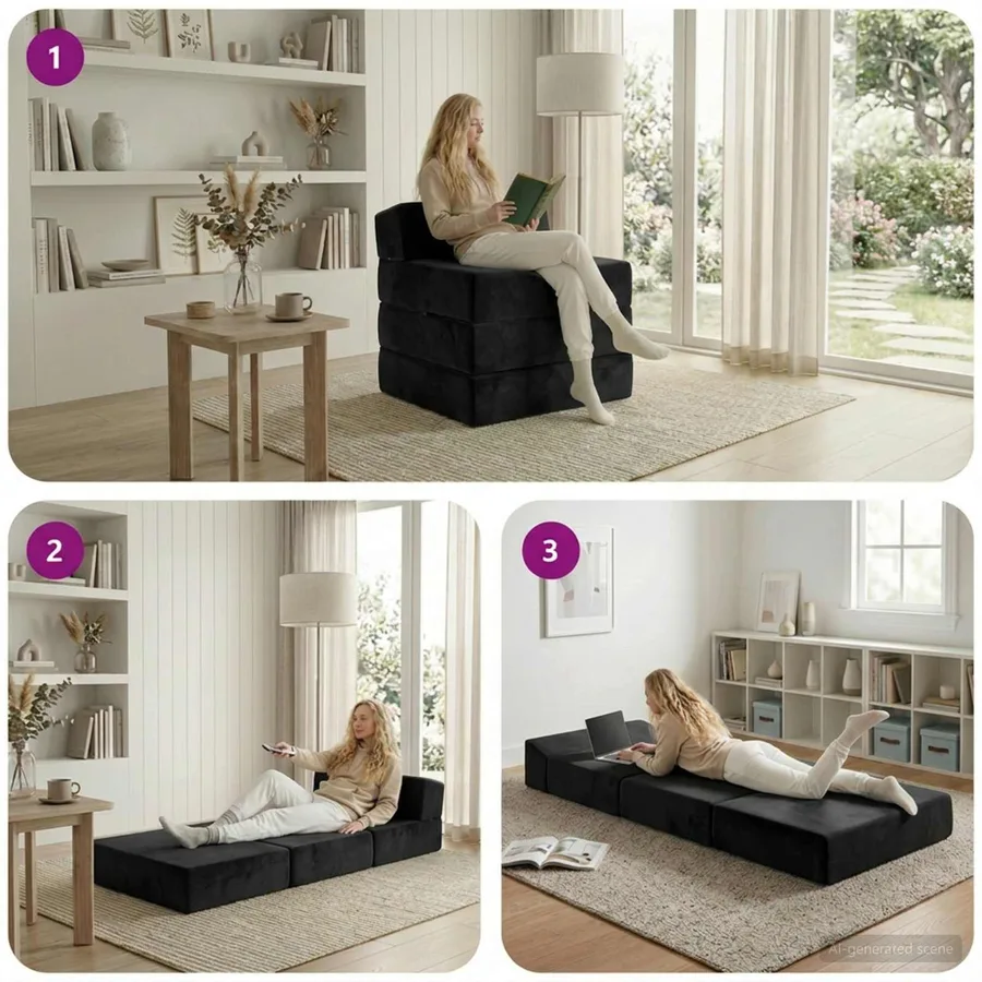 Canapé-lit pliable Noir 200 x 70 x 15 cm Velours - 7