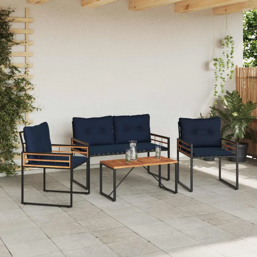 Ensemble de meubles d'extérieur avec coussin 4 pcs Bleu marine - 4