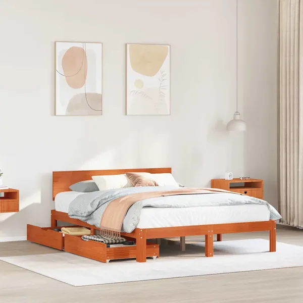 Cadre de lit avec tiroir 3 pcs Cire marron Bois de Pin Massif