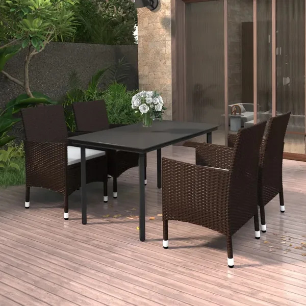Ensemble à manger de jardin coussins 5 pcs Résine tressée Verre