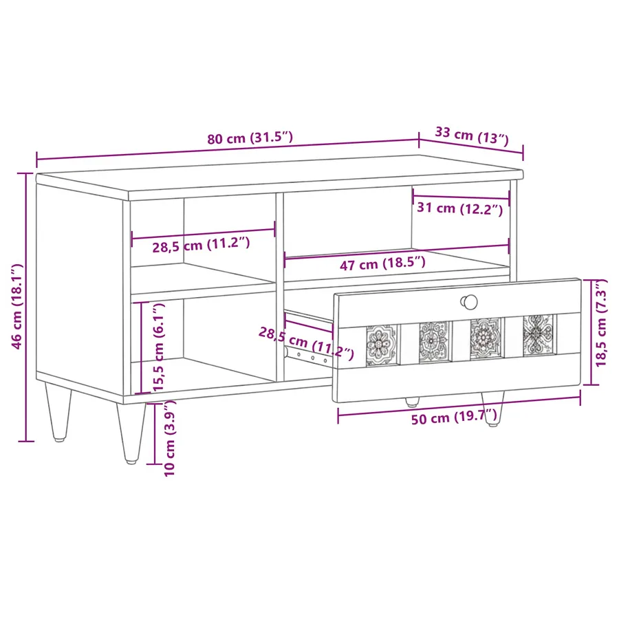 Meuble TV Noyer 80 x 33 x 46 cm Bois de mangue massif - 13