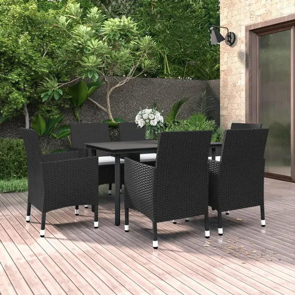 Ensemble à manger de jardin coussins 7 pcs Résine tressée Verre