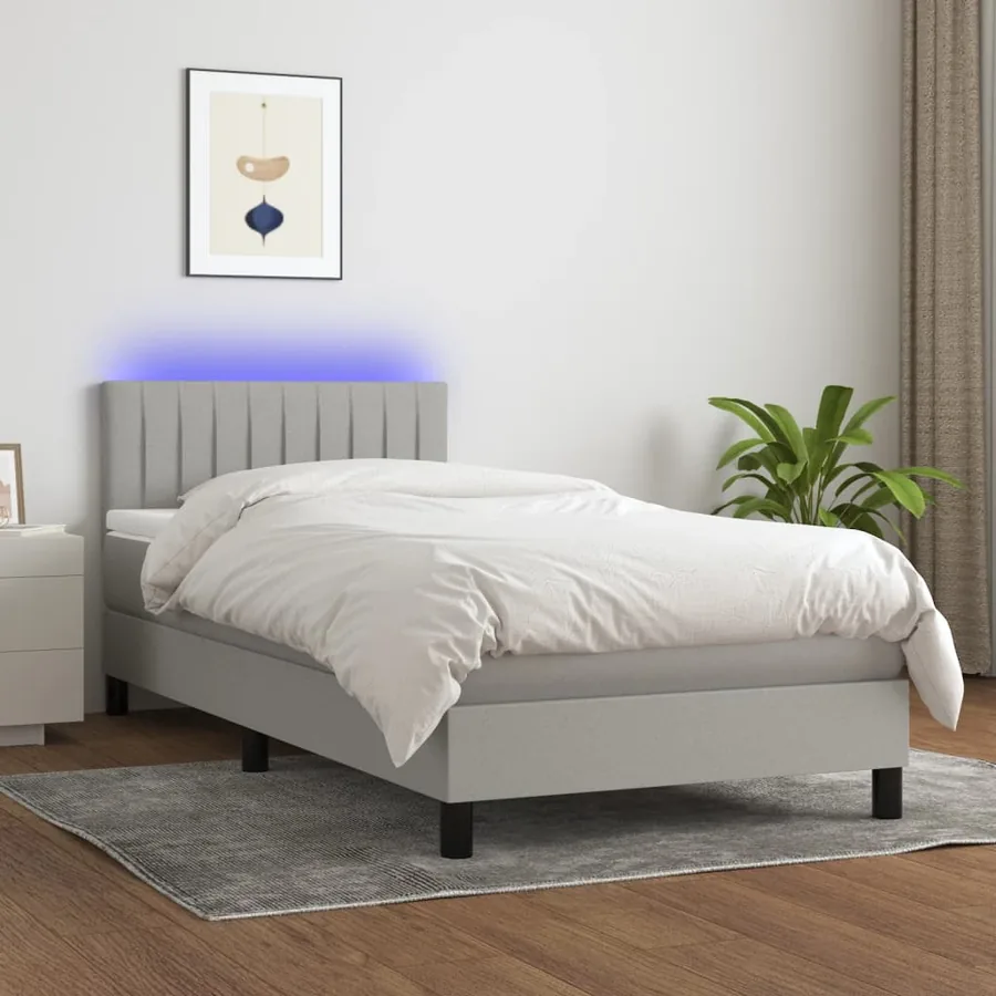 Slatted bed base with mattress and LED Light grey 90x190cm