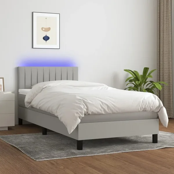 Slatted bed base with mattress and LED Light grey 90x190cm