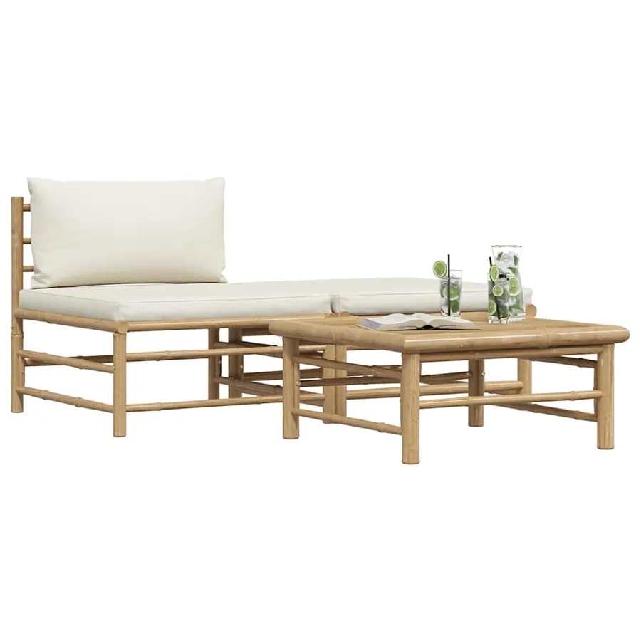 Salon de jardin 3 pcs avec coussins blanc crème Bambou - 4